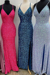 Sparkle Mermaid Sequin Long Semi Formal Prom Dress with Slit